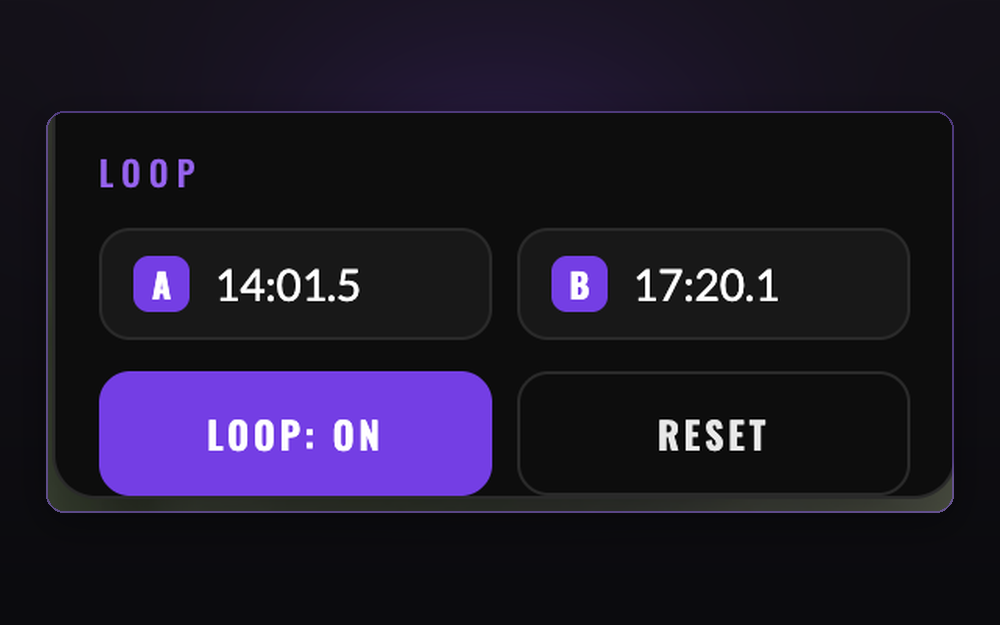 The Looper control panel with an A/B loop set and Loop turned on