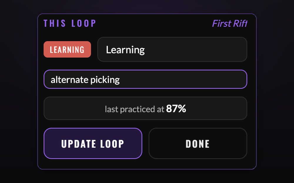 A loop labeled with a status color and a tag, plus last-practiced tempo