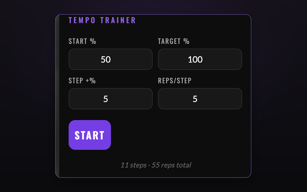 The tempo trainer set to climb from 50 to 100 percent, five reps per step