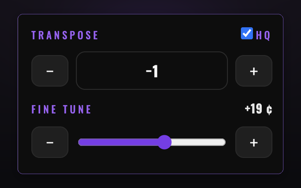 Transpose and fine-tune controls for matching the video to your guitar