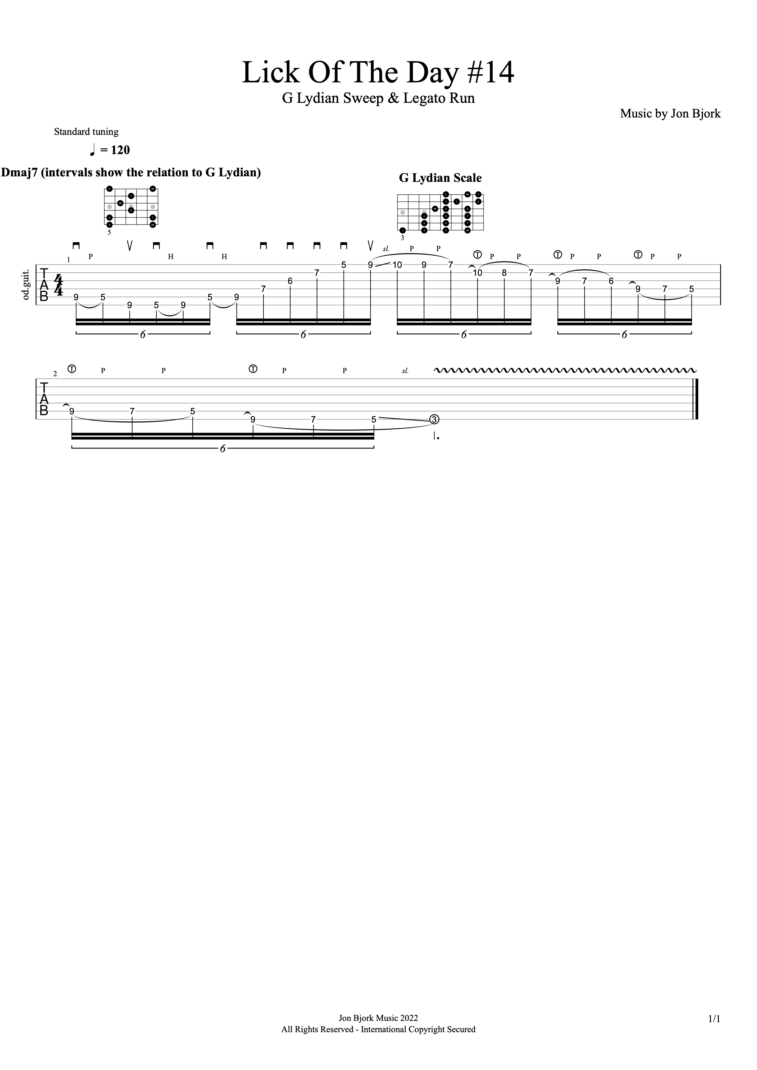 Lick Of The Day #14: G Lydian Sweep & Legato Run guitar tab