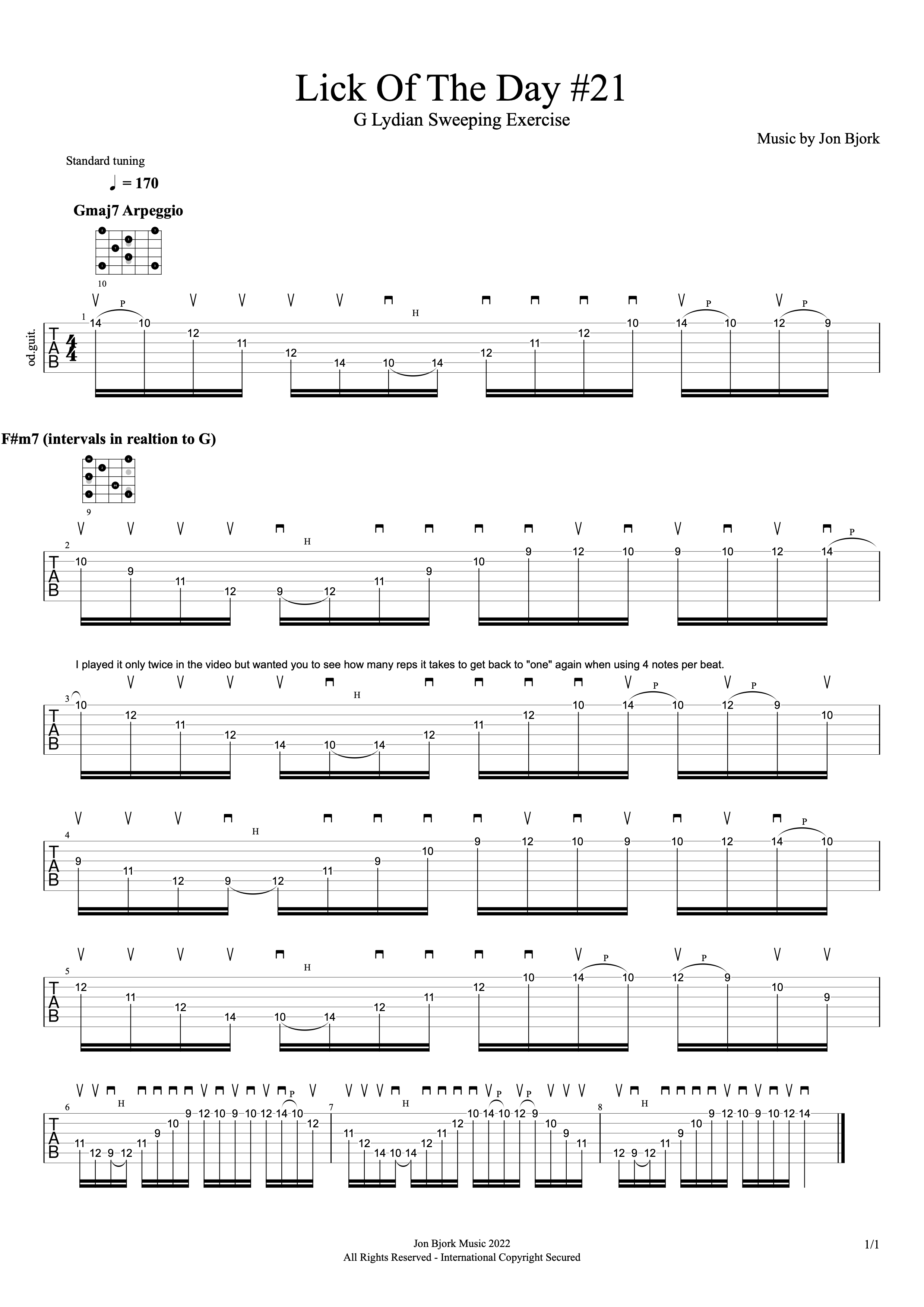 Lick Of The Day #21: G Lydian Sweeping Exercise guitar tab