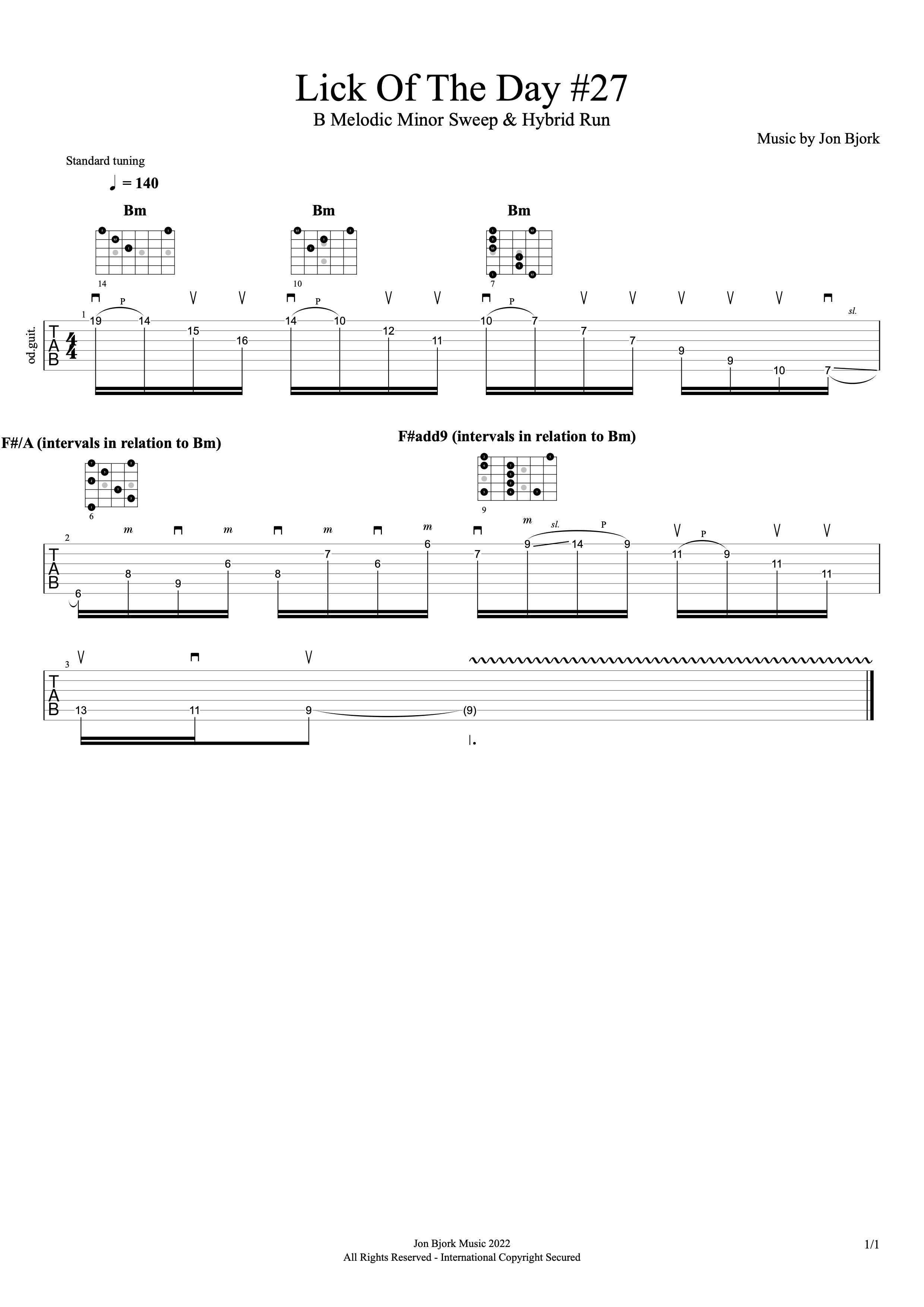 Lick Of The Day #27: B Melodic Minor Sweep & Hybrid Run guitar tab