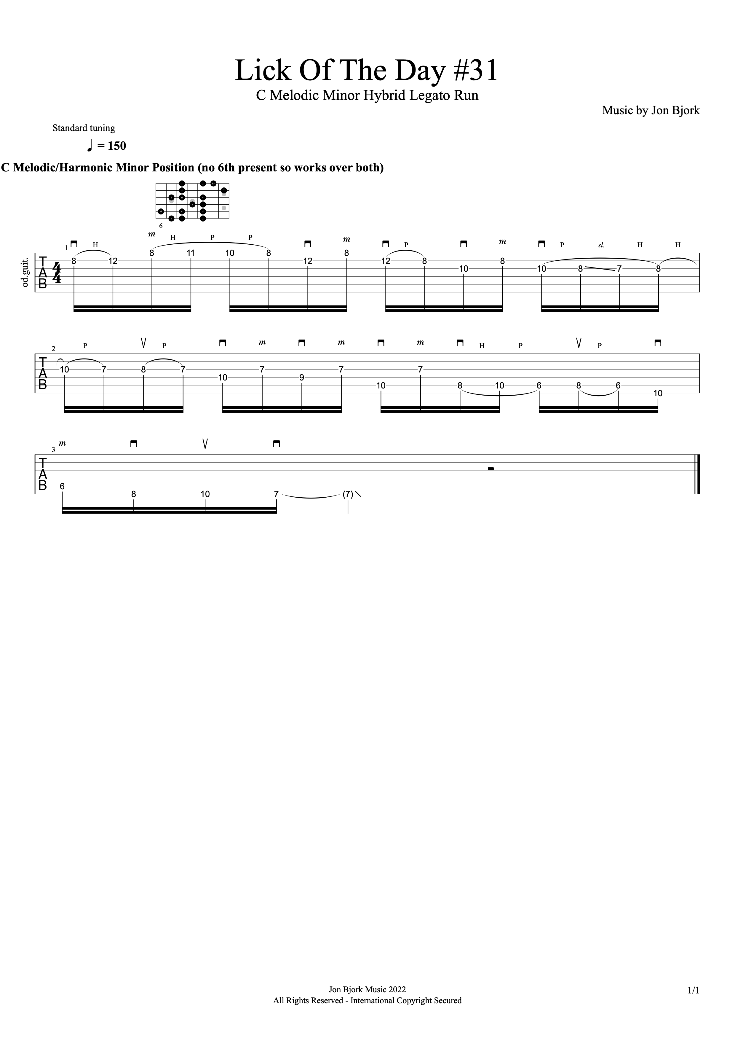 Lick Of The Day #31: C Melodic Minor Hybrid Legato Run guitar tab