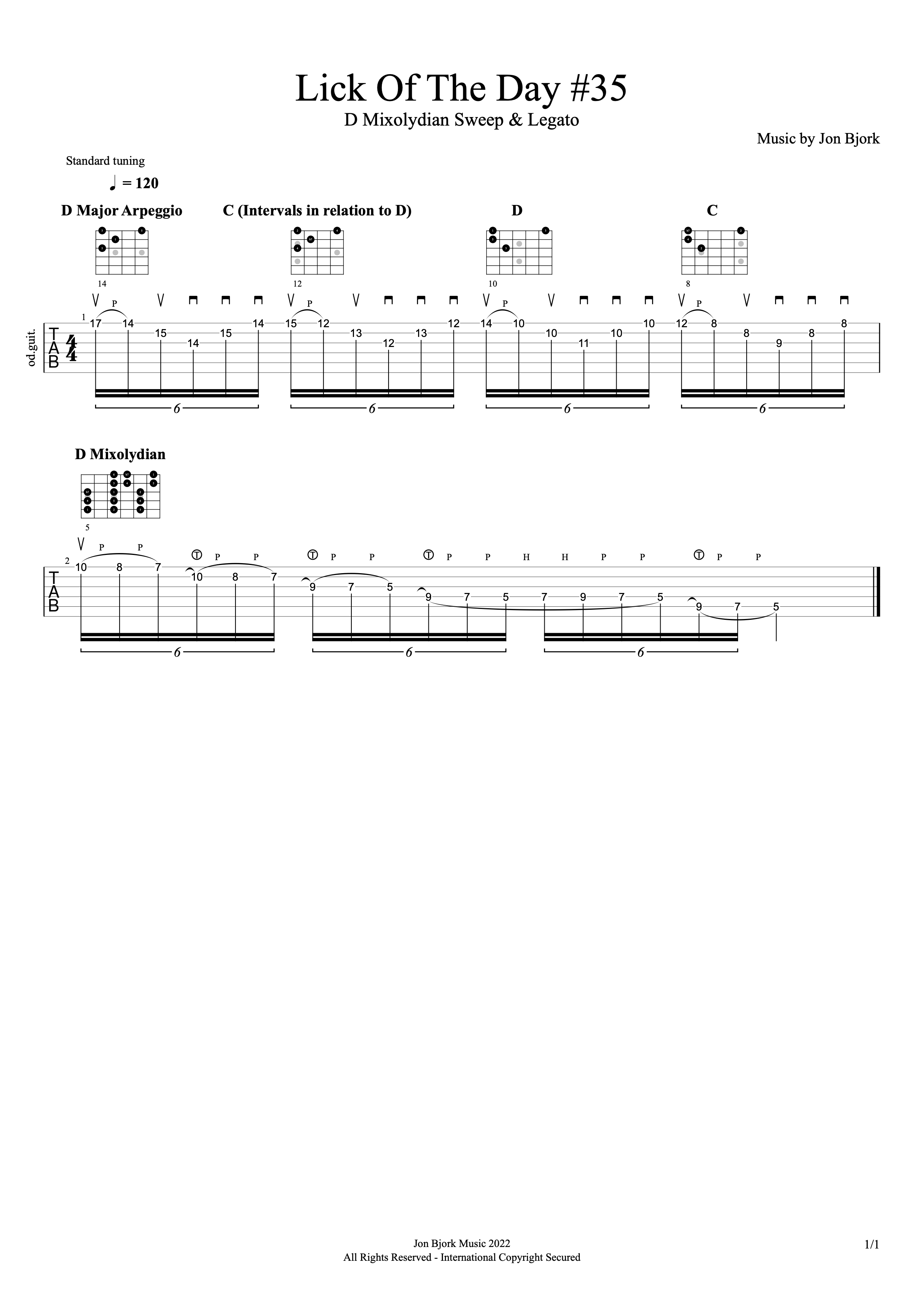 Lick Of The Day #35: D Mixolydian Sweep & Legato guitar tab