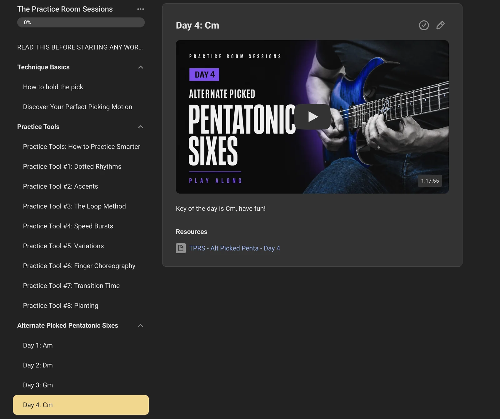 Inside the Practice Room Sessions course area: the sidebar lists Technique Basics, the eight Practice Tools and the Alternate Picked Pentatonic Sixes week, with the Day 4 play along video and its Guitar Pro file open