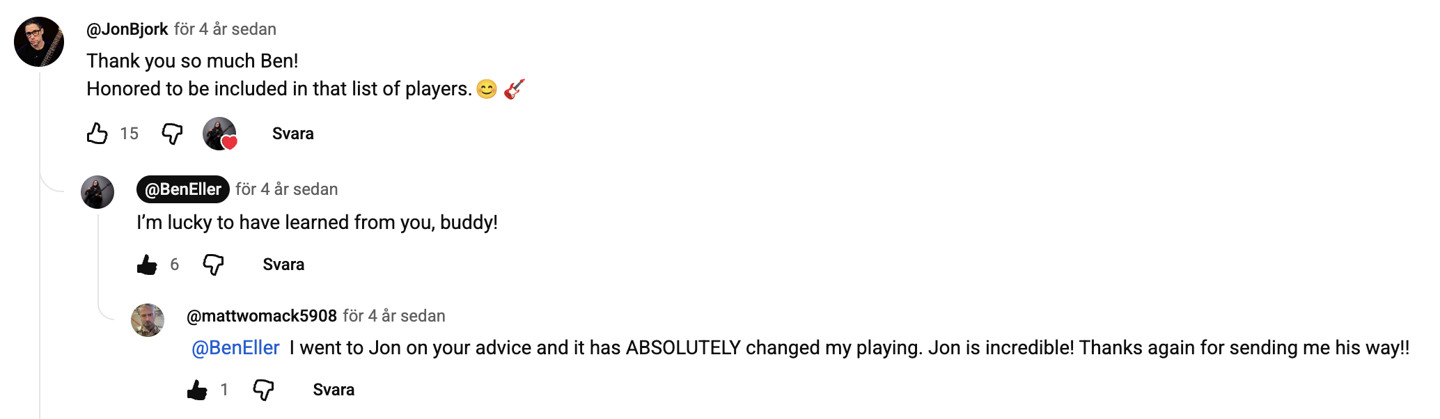 YouTube comment thread on Ben Eller's channel: Jon thanks Ben for the mention, Ben replies I'm lucky to have learned from you buddy, and Matt Womack replies that he went to Jon on Ben's advice and it absolutely changed his playing