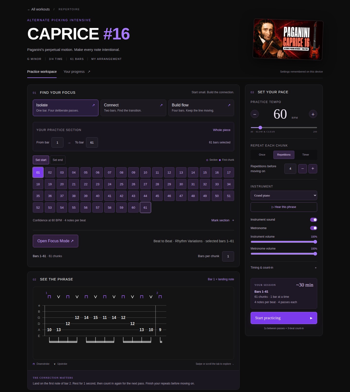 Workouts: Paganini Caprice No. 16 practice workspace with bar picker, tempo, repetitions and the tab for bar one