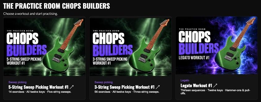Chops Builders in the Practice Lab: 5-string and 3-string sweep picking, legato, and 3-notes-per-string alternate picking workouts, all twelve keys