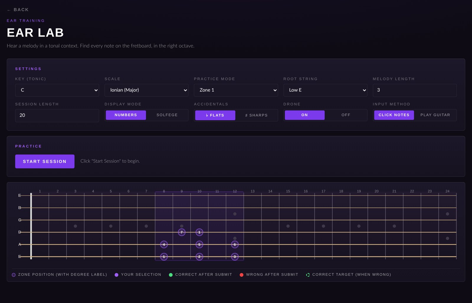Ear Lab settings panel and fretboard showing scale notes in Ionian