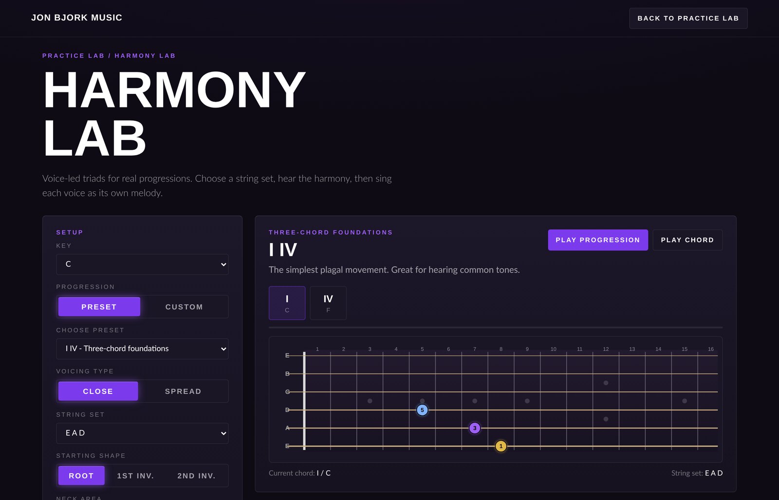 Harmony Lab showing I IV three-chord progression with voicing on fretboard