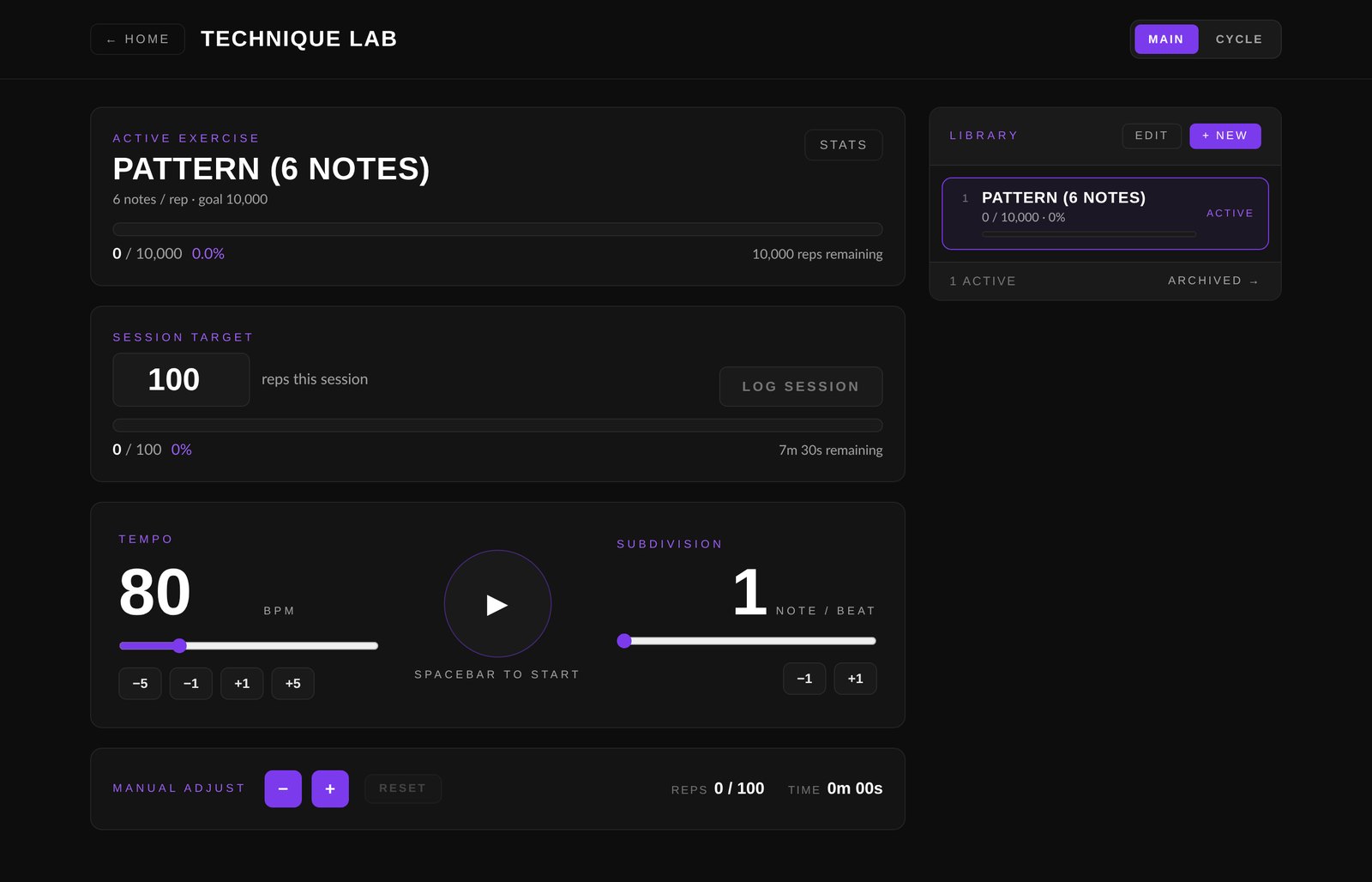 Technique Lab showing 0 of 10,000 lifetime reps progress