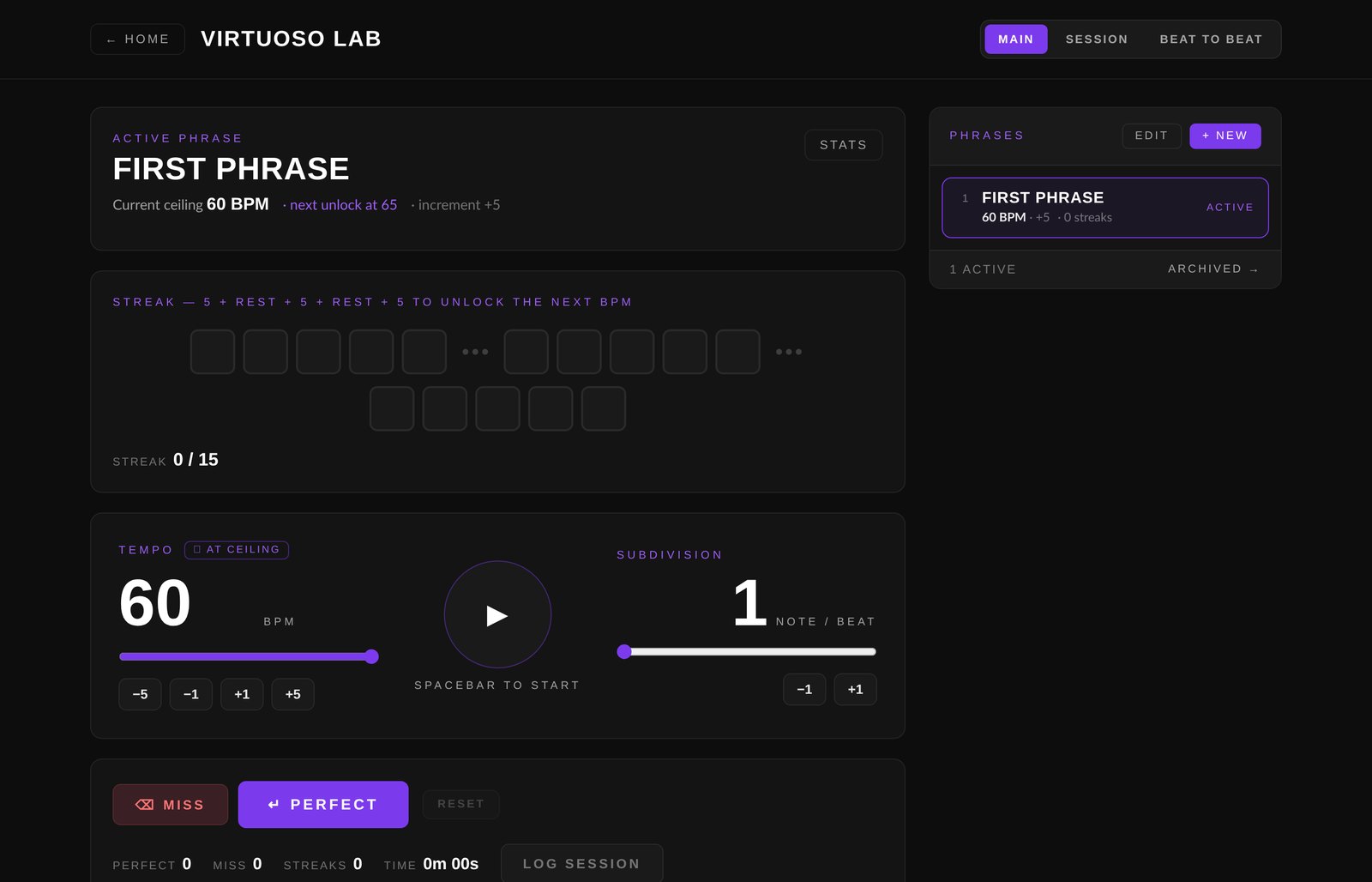Virtuoso Lab showing active phrase, tempo, and 0/15 streak grid