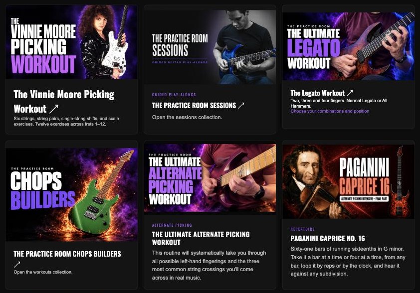 Workouts library: The Vinnie Moore Picking Workout, The Practice Room Sessions, The Legato Workout, Chops Builders, The Ultimate Alternate Picking Workout, Paganini Caprice No. 16