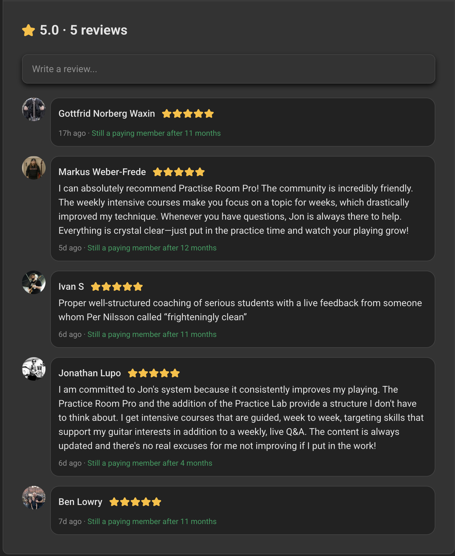 Skool reviews for Practice Room Pro: 5.0 from four reviews, left by members still paying after 12, 11, 11 and 4 months