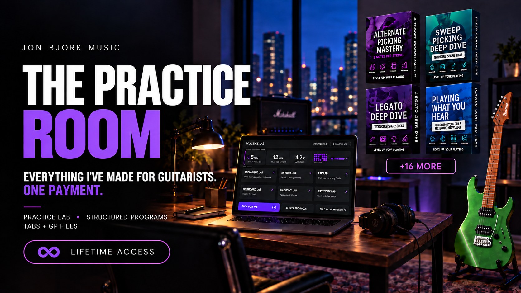 The Practice Room: everything I've made for guitarists, one payment. Practice Lab on a laptop, course covers, and lifetime access.