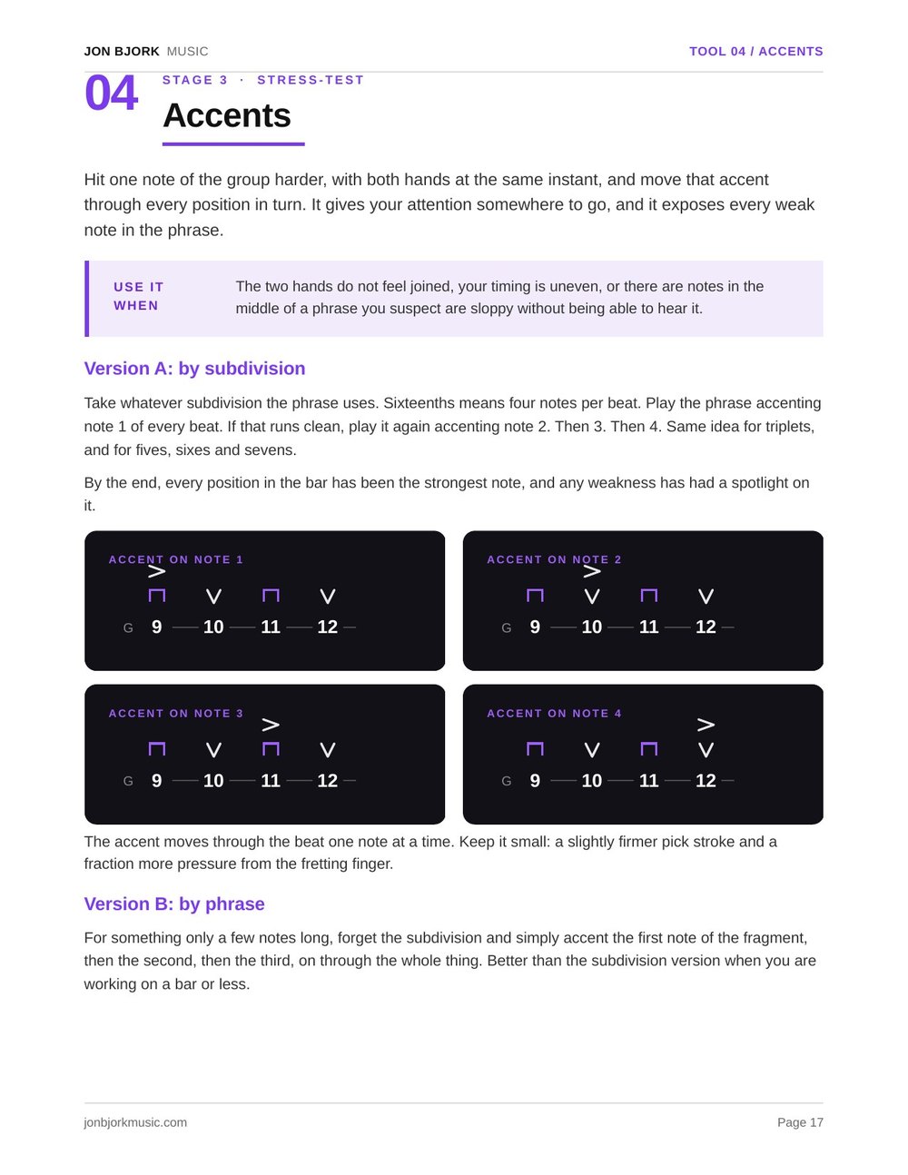 The Accents page with tab cards showing the accent moving through the beat one note at a time