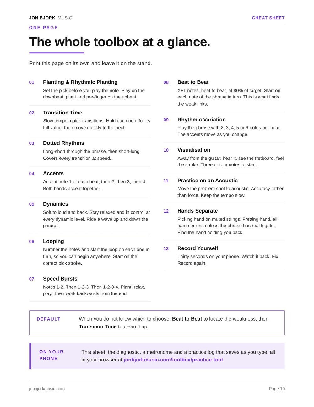The cheat sheet page: all thirteen tools at a glance
