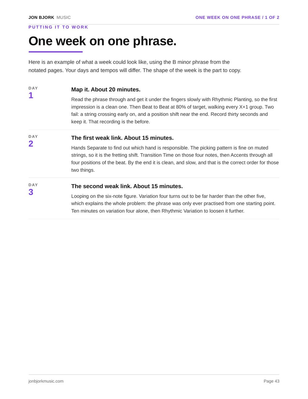 The worked week page: one phrase across seven days