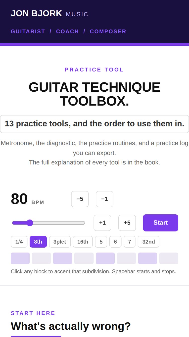 The browser tool on a phone: metronome with subdivision and accent blocks, and the diagnostic underneath